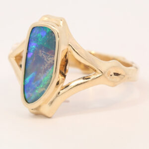 Yellow Gold Blue Green Solid Australian Boulder Opal Engagement Ring
