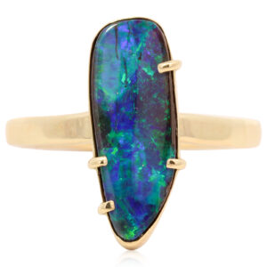 Yellow Gold Blue Green Solid Australian Boulder Opal Engagement Ring