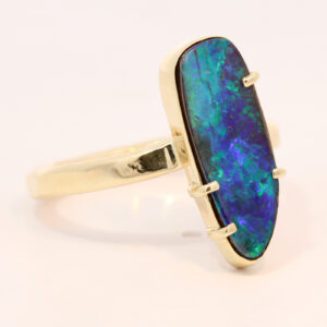Yellow Gold Blue Green Solid Australian Boulder Opal Engagement Ring