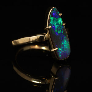 Yellow Gold Blue Green Solid Australian Boulder Opal Engagement Ring