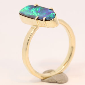Yellow Gold Blue Green Solid Australian Boulder Opal Engagement Ring