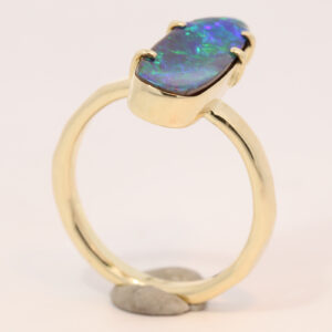 Yellow Gold Blue Green Solid Australian Boulder Opal Engagement Ring