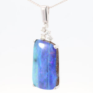 White Gold Blue Green Purple Solid Australian Boulder Opal and Diamond Pendant Necklace