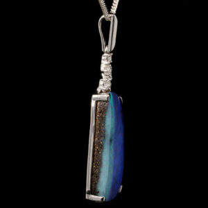 White Gold Blue Green Purple Solid Australian Boulder Opal and Diamond Pendant Necklace