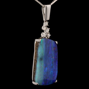 White Gold Blue Green Purple Solid Australian Boulder Opal and Diamond Pendant Necklace