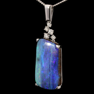 White Gold Blue Green Purple Solid Australian Boulder Opal and Diamond Pendant Necklace