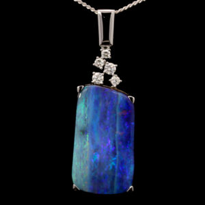 White Gold Blue Green Purple Solid Australian Boulder Opal and Diamond Pendant Necklace