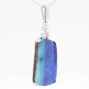 White Gold Blue Green Purple Solid Australian Boulder Opal and Diamond Pendant Necklace