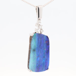 White Gold Blue Green Purple Solid Australian Boulder Opal and Diamond Pendant Necklace