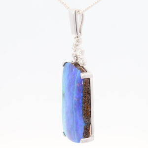 White Gold Blue Green Purple Solid Australian Boulder Opal and Diamond Pendant Necklace