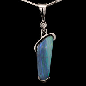 White Gold Blue Green Purple Solid Australian Boulder Opal and Diamond Pendant Necklace
