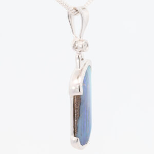White Gold Blue Green Purple Solid Australian Boulder Opal and Diamond Pendant Necklace