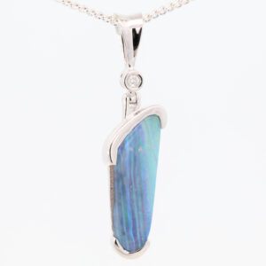 White Gold Blue Green Purple Solid Australian Boulder Opal and Diamond Pendant Necklace