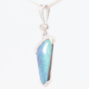 White Gold Blue Green Purple Solid Australian Boulder Opal and Diamond Pendant Necklace