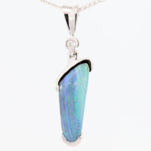 White Gold Blue Green Purple Solid Australian Boulder Opal and Diamond Pendant Necklace