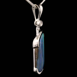 White Gold Blue Green Purple Solid Australian Boulder Opal and Diamond Pendant Necklace
