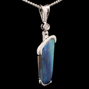 White Gold Blue Green Purple Solid Australian Boulder Opal and Diamond Pendant Necklace