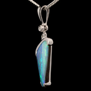 White Gold Blue Green Purple Solid Australian Boulder Opal and Diamond Pendant Necklace