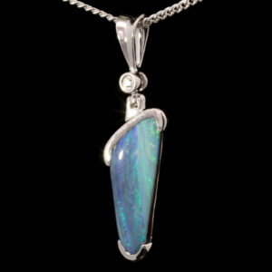 White Gold Blue Green Purple Solid Australian Boulder Opal and Diamond Pendant Necklace