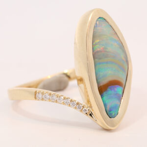 Yellow Gold Blue Green Yellow Orange Pink Solid Australian Boulder Opal and Diamond Engagement Ring