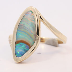 Yellow Gold Blue Green Yellow Orange Pink Solid Australian Boulder Opal and Diamond Engagement Ring