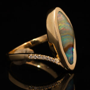 Yellow Gold Blue Green Yellow Orange Pink Solid Australian Boulder Opal and Diamond Engagement Ring