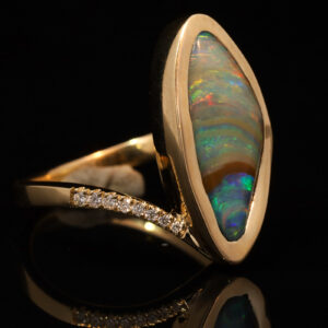Yellow Gold Blue Green Yellow Orange Pink Solid Australian Boulder Opal and Diamond Engagement Ring