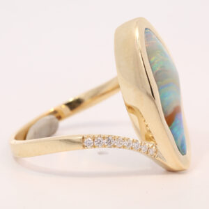 Yellow Gold Blue Green Yellow Orange Pink Solid Australian Boulder Opal and Diamond Engagement Ring
