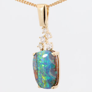 Yellow Gold Blue Green Yellow Orange Red Solid Australian Boulder Opal and Diamond Pendant Necklace