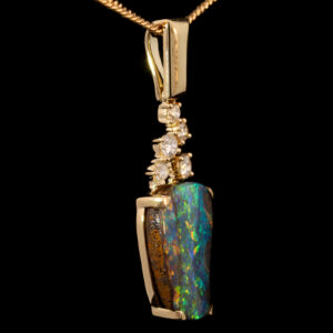 Yellow Gold Blue Green Yellow Orange Red Solid Australian Boulder Opal and Diamond Pendant Necklace