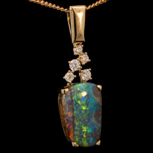 Yellow Gold Blue Green Yellow Orange Red Solid Australian Boulder Opal and Diamond Pendant Necklace