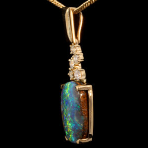 Yellow Gold Blue Green Yellow Orange Red Solid Australian Boulder Opal and Diamond Pendant Necklace
