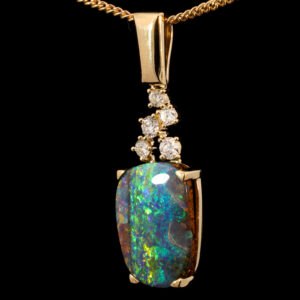 Yellow Gold Blue Green Yellow Orange Red Solid Australian Boulder Opal and Diamond Pendant Necklace
