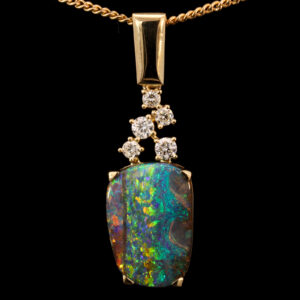 Yellow Gold Blue Green Yellow Orange Red Solid Australian Boulder Opal and Diamond Pendant Necklace