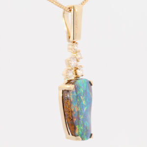 Yellow Gold Blue Green Yellow Orange Red Solid Australian Boulder Opal and Diamond Pendant Necklace