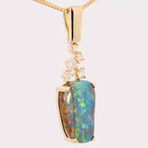 Yellow Gold Blue Green Yellow Orange Red Solid Australian Boulder Opal and Diamond Pendant Necklace