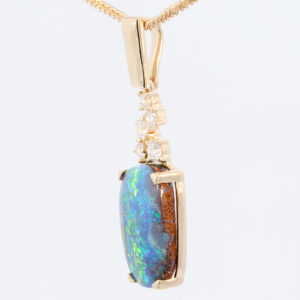Yellow Gold Blue Green Yellow Orange Red Solid Australian Boulder Opal and Diamond Pendant Necklace