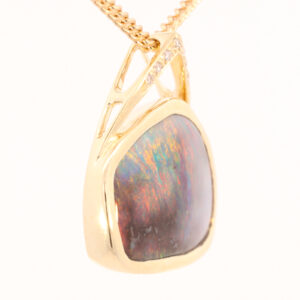 Yellow Gold Blue Green Orange Red Pink Solid Australian Boulder Opal and Diamond Pendant Necklace