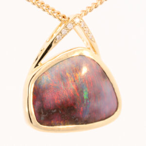 Yellow Gold Blue Green Orange Red Pink Solid Australian Boulder Opal and Diamond Pendant Necklace