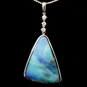 White Gold Blue Green Purple Solid Australian Boulder Opal and Diamond Pendant Necklace