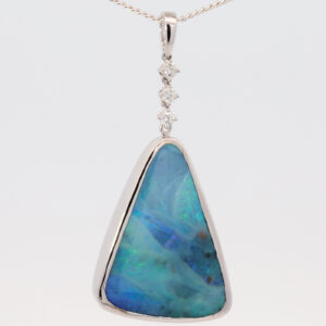 White Gold Blue Green Purple Solid Australian Boulder Opal and Diamond Pendant Necklace