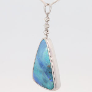 White Gold Blue Green Purple Solid Australian Boulder Opal and Diamond Pendant Necklace
