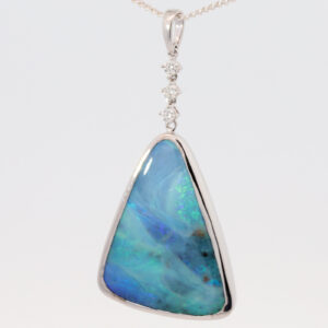 White Gold Blue Green Purple Solid Australian Boulder Opal and Diamond Pendant Necklace