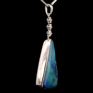 White Gold Blue Green Purple Solid Australian Boulder Opal and Diamond Pendant Necklace