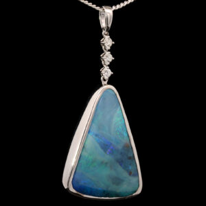 White Gold Blue Green Purple Solid Australian Boulder Opal and Diamond Pendant Necklace