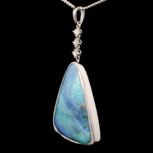 White Gold Blue Green Purple Solid Australian Boulder Opal and Diamond Pendant Necklace