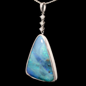 White Gold Blue Green Purple Solid Australian Boulder Opal and Diamond Pendant Necklace