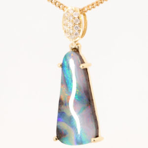 Yellow Gold Blue Green Yellow Orange Pink Solid Australian Boulder Opal and Diamond Pendant Necklace