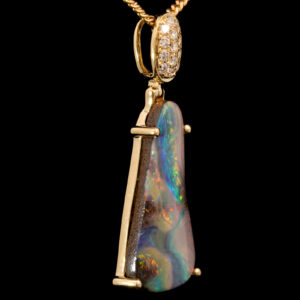 Yellow Gold Blue Green Yellow Orange Pink Solid Australian Boulder Opal and Diamond Pendant Necklace