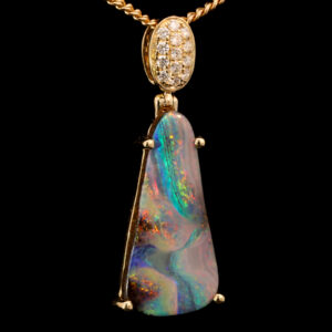 Yellow Gold Blue Green Yellow Orange Pink Solid Australian Boulder Opal and Diamond Pendant Necklace